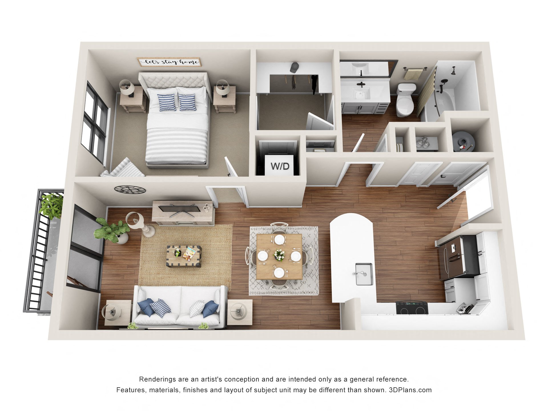 Floor plan for 1 bed, 1 bath, 732 sqft